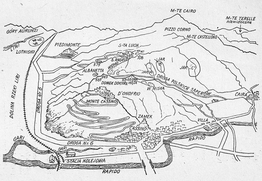 Monte Cassino szkic sytuacyjny ze „Szkiców spod Monte Cassino” Melchiora Wańkowicza, domena publiczna