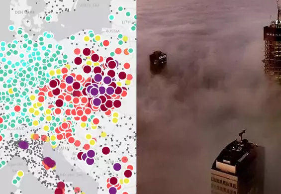 Warszawa przykryta smogiem i mgłą. Polska bordową plamą na mapie Europy