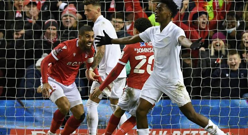 Nottingham Forest's Lewis Grabban (left) celebrates scoring against Arsenal Creator: Daniel LEAL