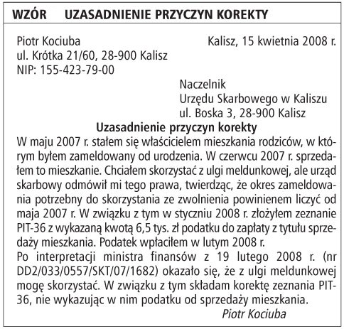 Wzór 3: uzasadniene przyczyn korekty