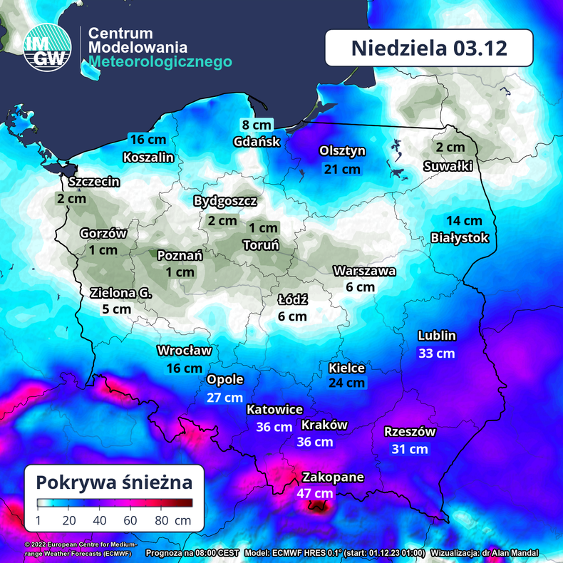 Prognozowana grubość pokrywy śnieżnej w niedzielę