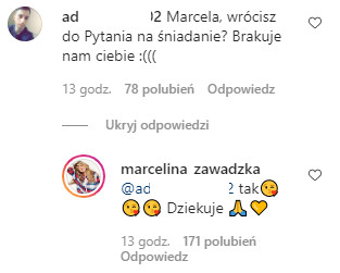 Marcelina Zawadzka odpowiada na pytanie internauty na Instagramie