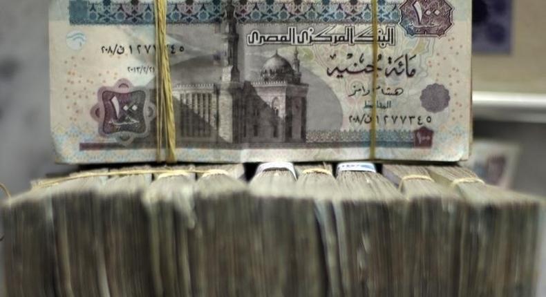 Egypt's pound notes are pictured in stacks of 100 as employees count money at an exchange office in downtown Cairo in a file photo. REUTERS/Amr Abdallah Dalsh