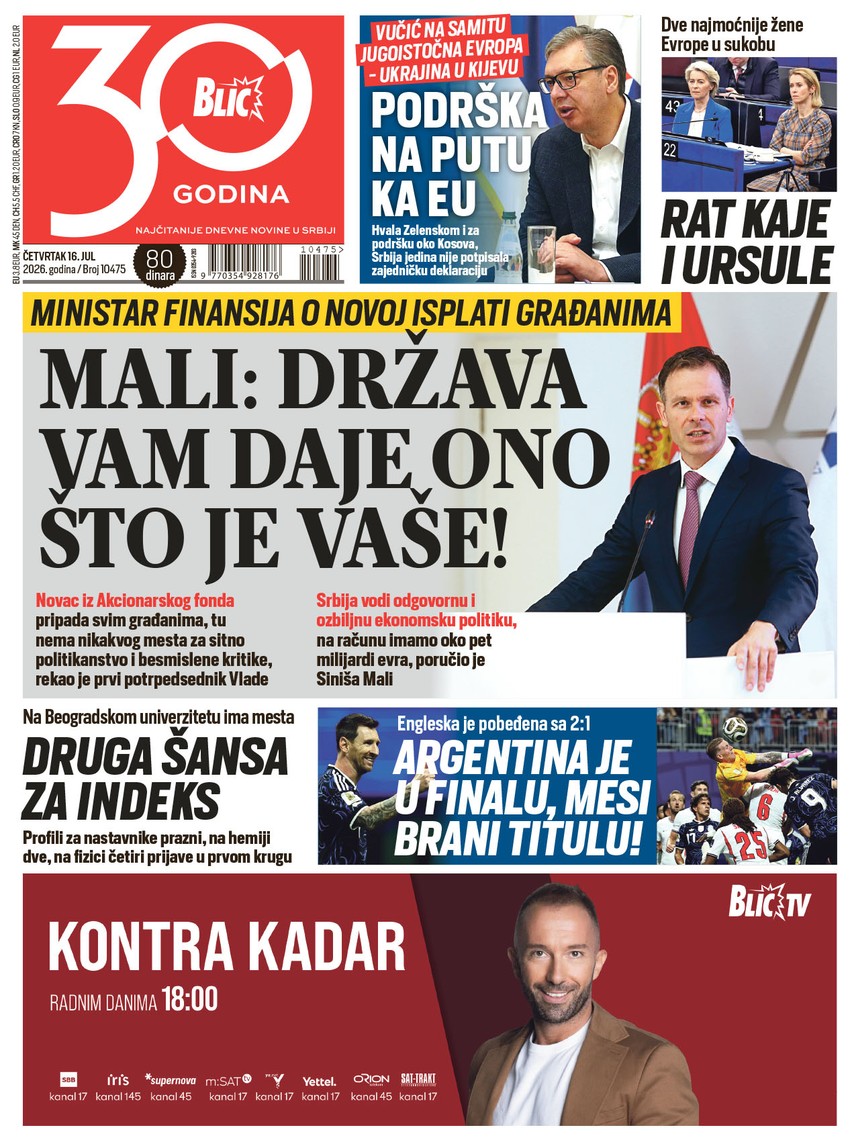 Blic naslovna strana za 16.7.