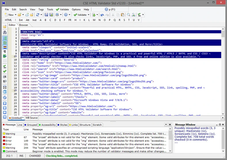 Główne okno programu do optymalizacji stron WWW dla SEO - CSE HTML Validator Standard