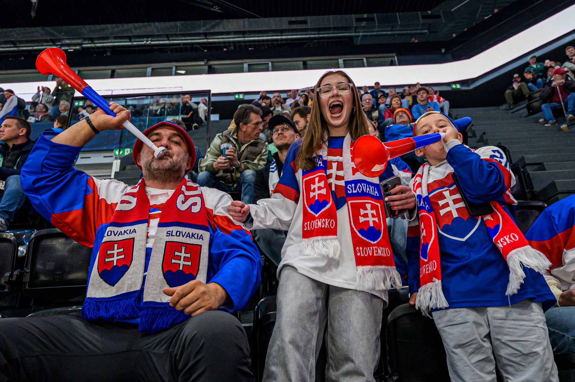 Slovenskí fanúšikovia povzbudzujú počas zápasu so Slovinskom.