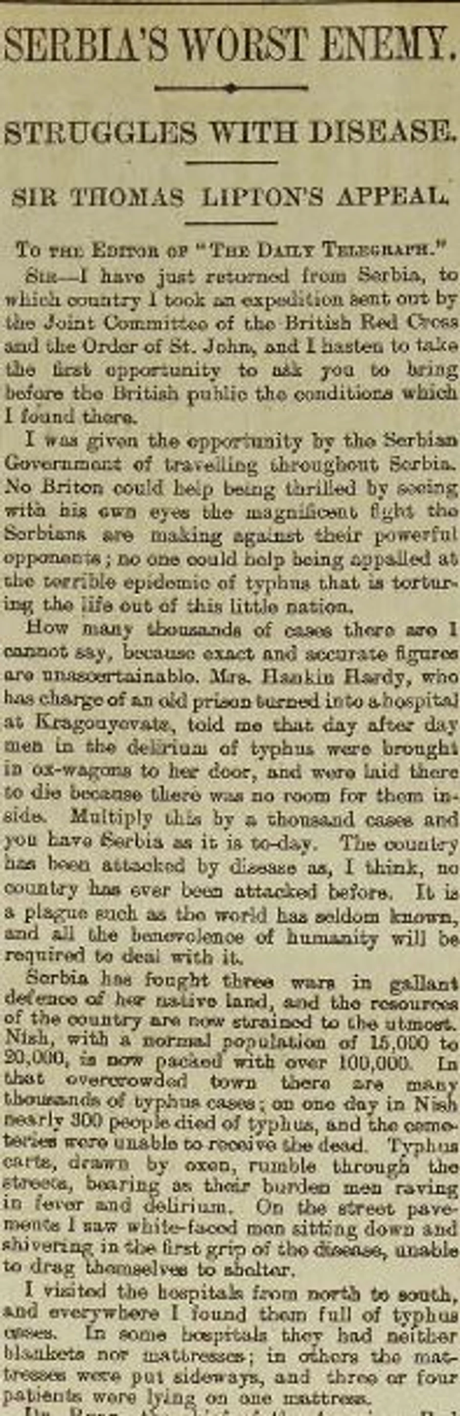 Liptonovo pismo objavljeno u novinama