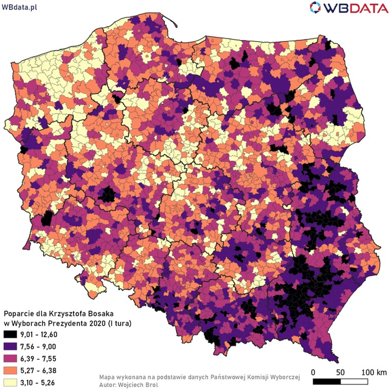 Mapa poparcia dla Krzysztofa Bosaka