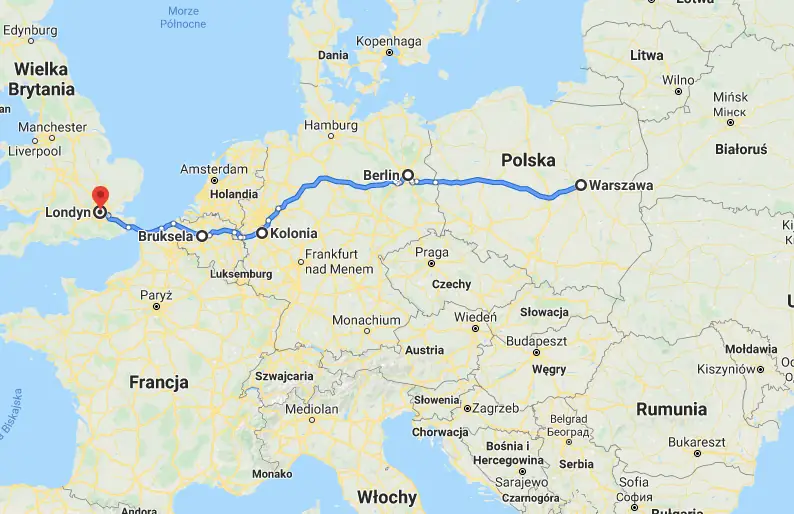 Warszawa -&gt; Berlin -&gt; Kolonia -&gt; Bruksela -&gt; Londyn (ok. 1750 km)