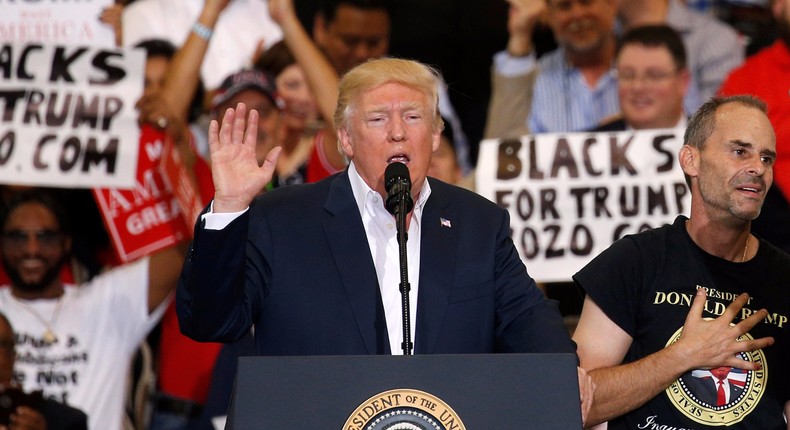 President Donald Trump speaks at a rally at Orlando Melbourne International Airport in Melbourne, Florida, U.S. February 18, 2017.