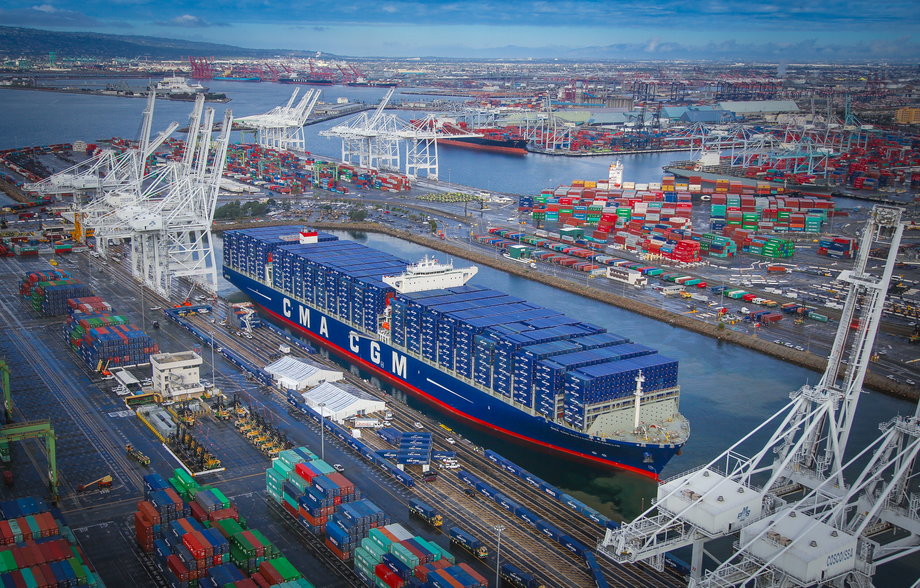 The CMA CGM Benjamin Franklin. Longer than an American aircraft carrier, it set a record for the largest ship to dock at the port of Long Beach in California.