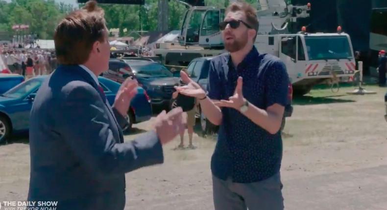 MyPillow CEO Mike Lindell and Daily Show correspondent Jordan Klepper have a heated exchange during the MAGA Frank Free Speech Rally in New Richmond, Wisconsin, on June 12, 2021.
