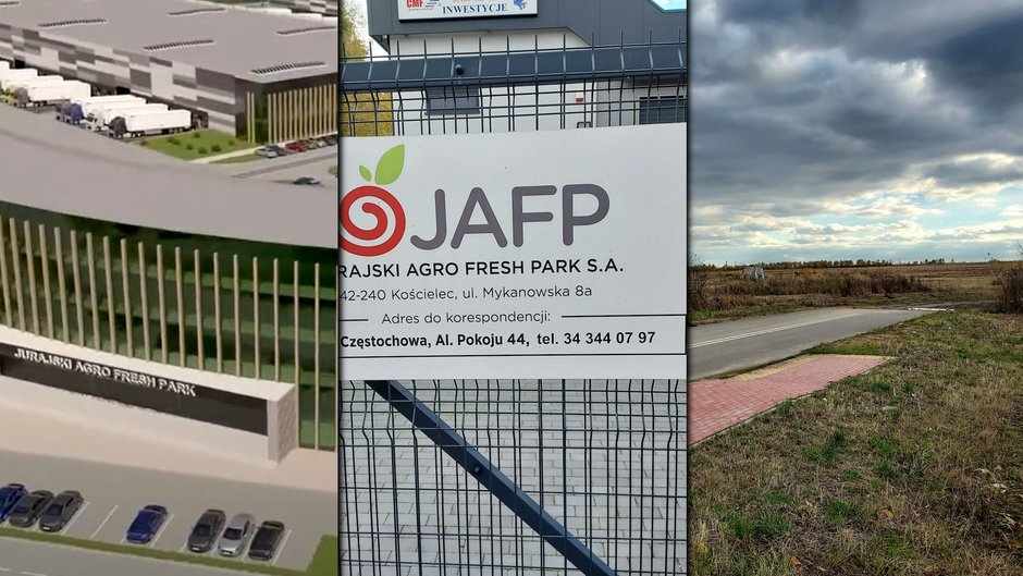 Od lewej: wizualizacja wielkiej giełdy, która miała znaleźć się w gminie Rędziny. Na środku wejście do spółki Jurajski Agro Fresh Park. Po prawej stronie: aktualny stan inwestycji, która od pół roku miała już działać