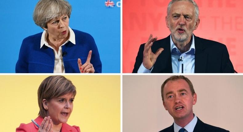 Britain's party leaders (clockwise from top left) Theresa May, Jeremy Corbyn, Tim Farron and Nicola Sturgeon