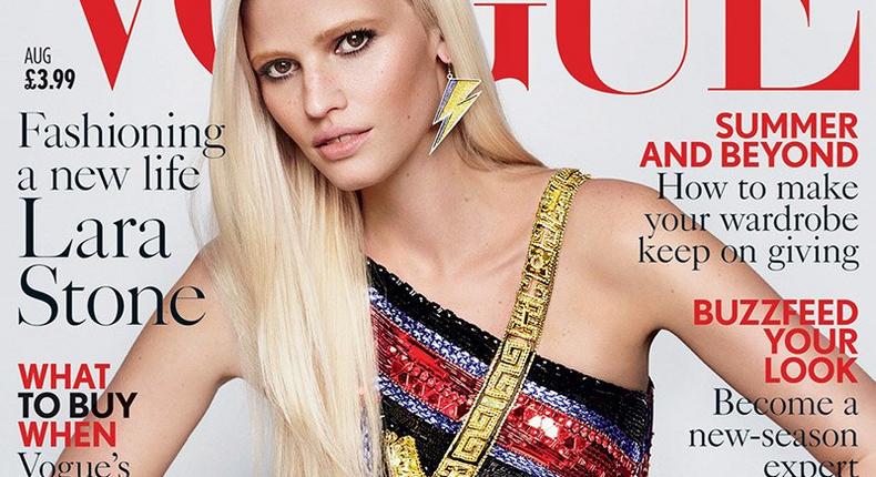 Lara Stone wears Versace for Vogue UK August 2015 