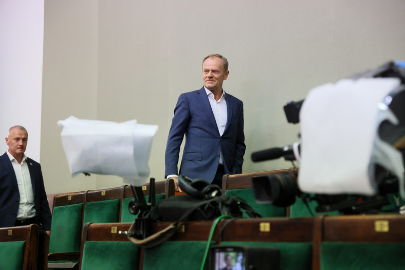 Donald Tusk  na sali obrad Sejmu w Warszawie w ostatnim dniu posiedzenia izby, 26.05.2023 r. Posłowie zajmowali się tego dnia m.in. ustawą lex Tusk