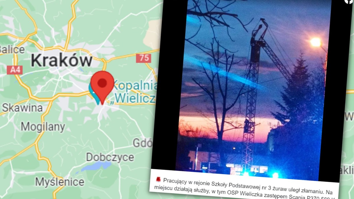 Złamane ramię żurawia runęło na dach szkoły. Akcja strażaków