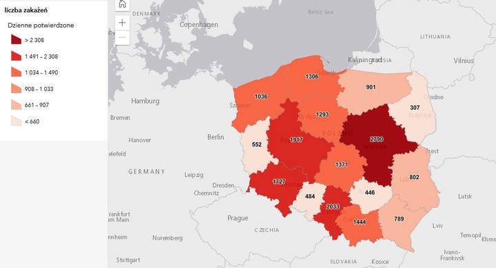 COVID-19 w Polsce. Zakażenia w województwach. Stan na dzień 7 grudnia