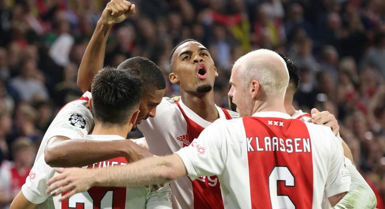 Sebastien Haller (centre) celebrates scoring in Ajax's rout of an out-of-sorts Borussia Dortmund Creator: François WALSCHAERTS