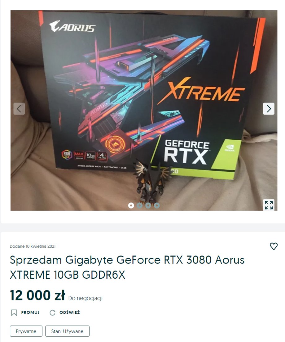 Karta RTX 3080 wystawiona na OLX za 12 tys. zł. 