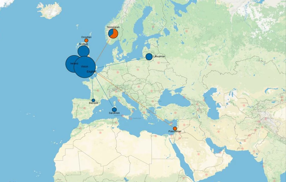 Mapa Engleske zasnovana na DNK podacima 6 osoba. Pokazuje veliko mešanje sa stanovništvom Irske, Škotske i Velsa, i mali procenat DNK iz Palestine.