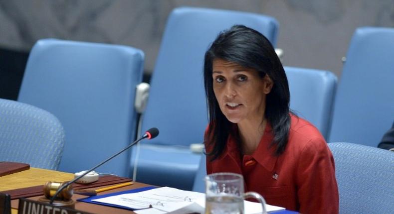 US Ambassador to the UN and UN security council president, Nikki Haley speaks during an United Nations Security Council meeting on Syria at the UN headquarters in New York on April 7, 2017