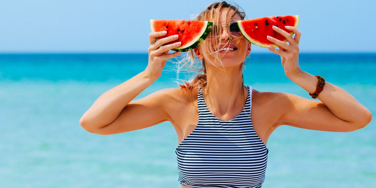 Fresh watermelon salad with black olives and feta cheese