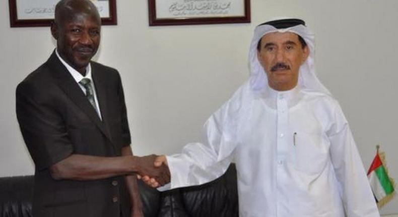 EFCC boss, Ibrahim Magu and the UAE Ambassador to Nigeria, Mahmud Muhammad Al-Mahmud, at the diplomat's Abuja office on February 3, 2016.