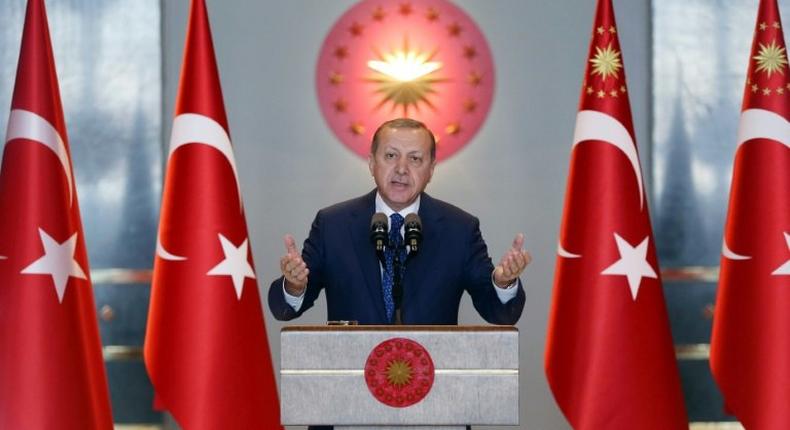 Turkish President Recep Tayyip Erdogan delivers a speech during the 9th Ambassadors Conference at the Presidental Complex in Ankara, on January 9, 2017