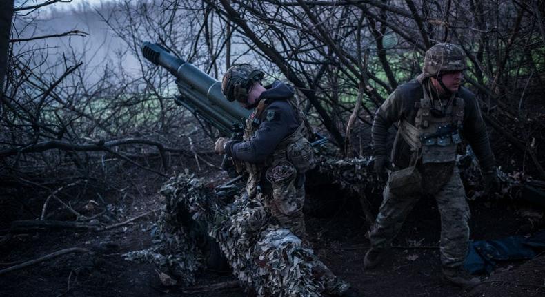 Ukrainian servicemen of Azov brigade are seen at an artillery position as Russia-Ukraine war continues in the direction of Lyman, Ukraine on April 07, 2024.Anadolu via Getty Images