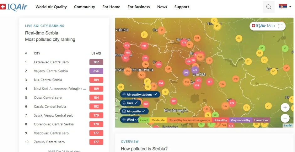 Mapa sajta AirVisual pokazuje da je aerozagađenja na području Lazarevca "opasno"