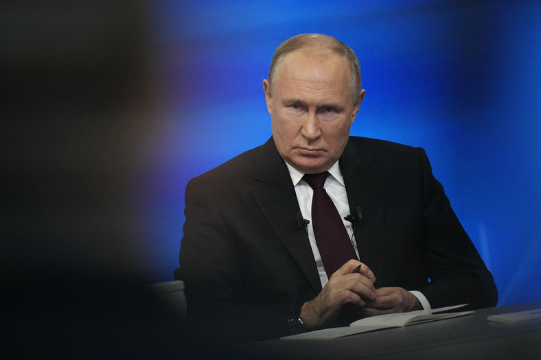 Prezydent Rosji Władimir Putin na konferencji prasowej w Moskwie, 14 grudnia 2023 r.