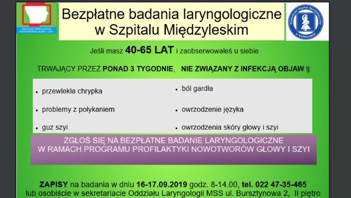 W dniach 16-20 września odbędzie się w Polsce VII Europejski Tydzień Profilaktyki Nowotworów Głowy i Szyi.