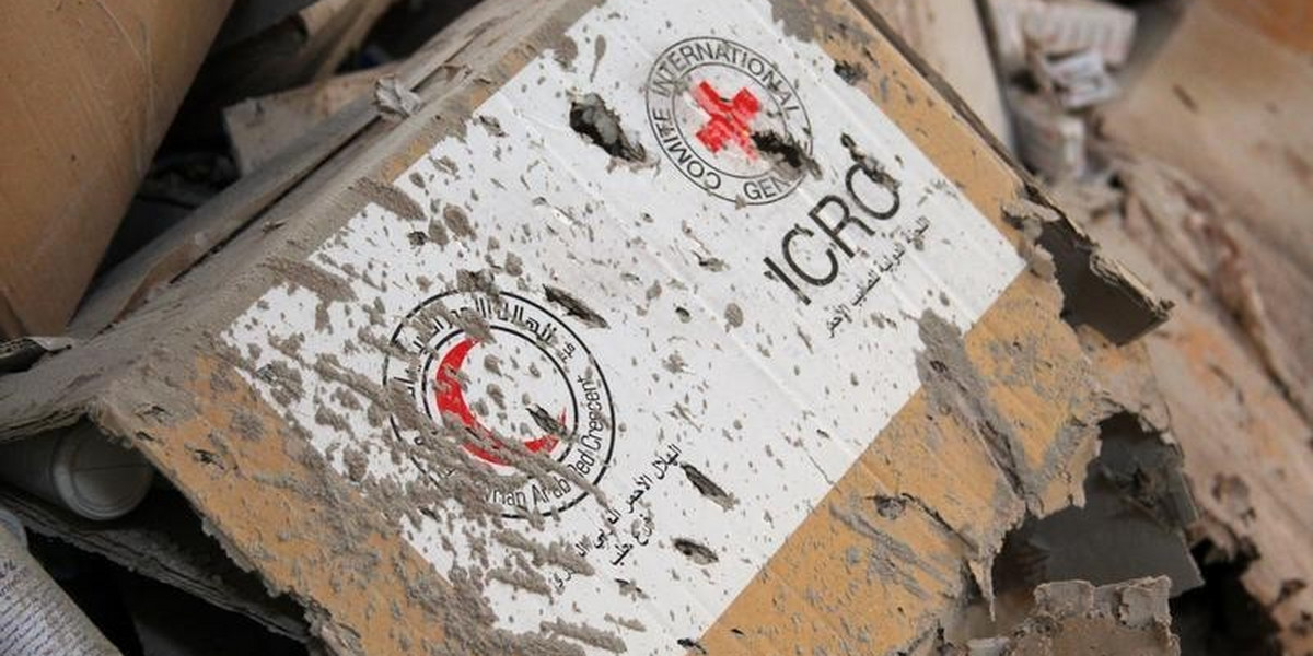 Damaged Red Cross and Red Crescent medical supplies inside a warehouse after an airstrike on the rebel-held town of Urm al-Kubra in Syria.