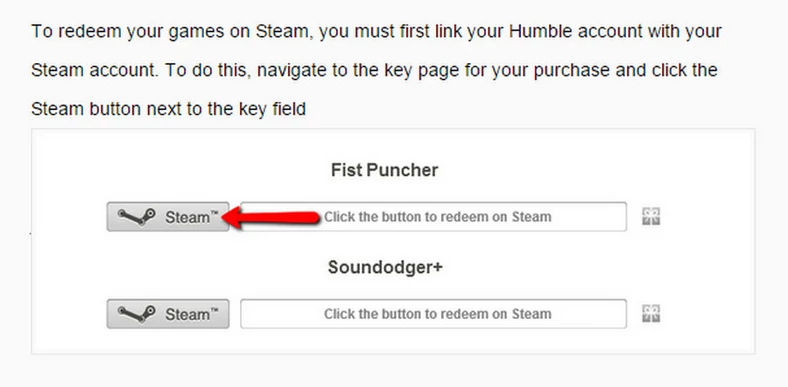 Krótka instrukcja ze strony Humble Bundle. Klikając na przycisk z napisem Steam, przechodzimy do powiązania gry z naszym profilem