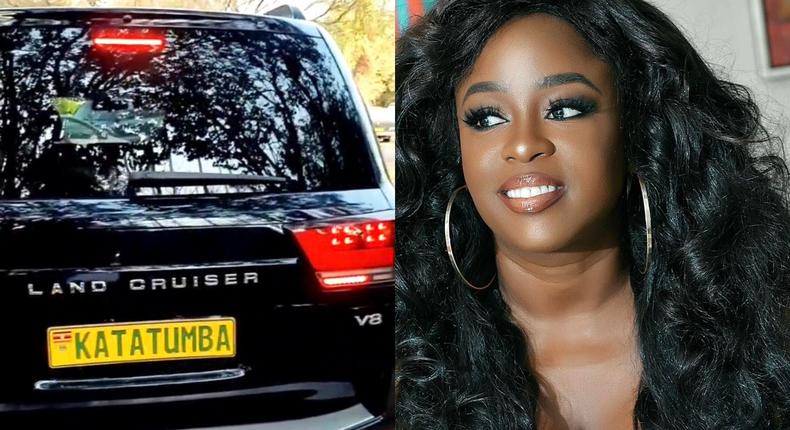 A collage of Angella Katatumba and a part of her new car showing a personalised number plate