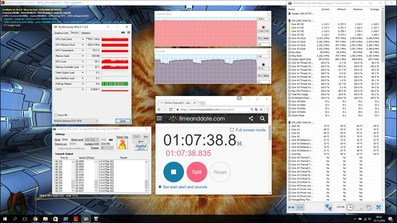 Taktowanie CPU i GPU po 70 minutach obciążenia – 3192 MHz i 1591 MHz