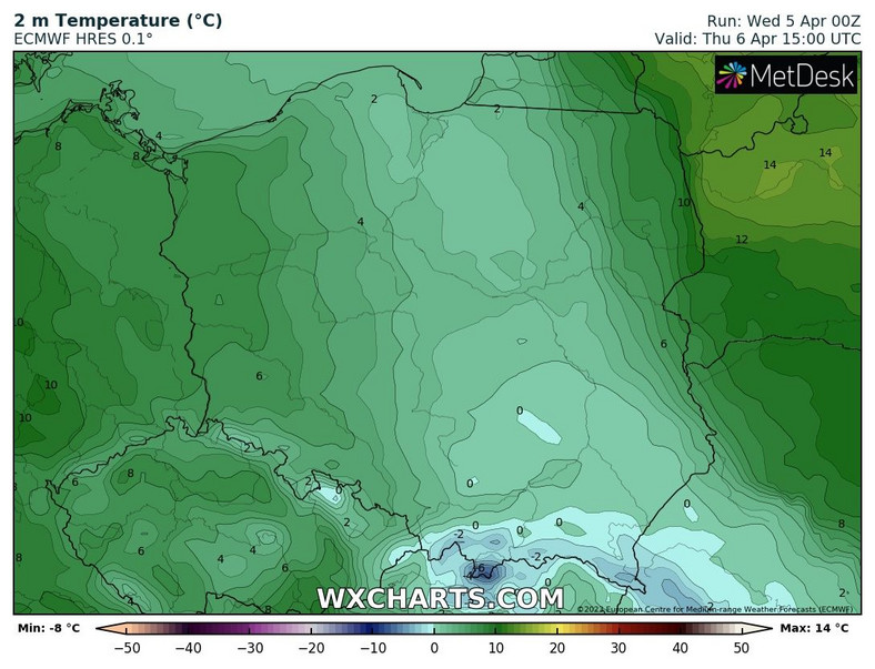 Temperatura będzie niska. W strefie opadów może mieć trudności z przekroczeniem 0-1 st. C. Cieplej będzie na zachodzie i Podlasiu.