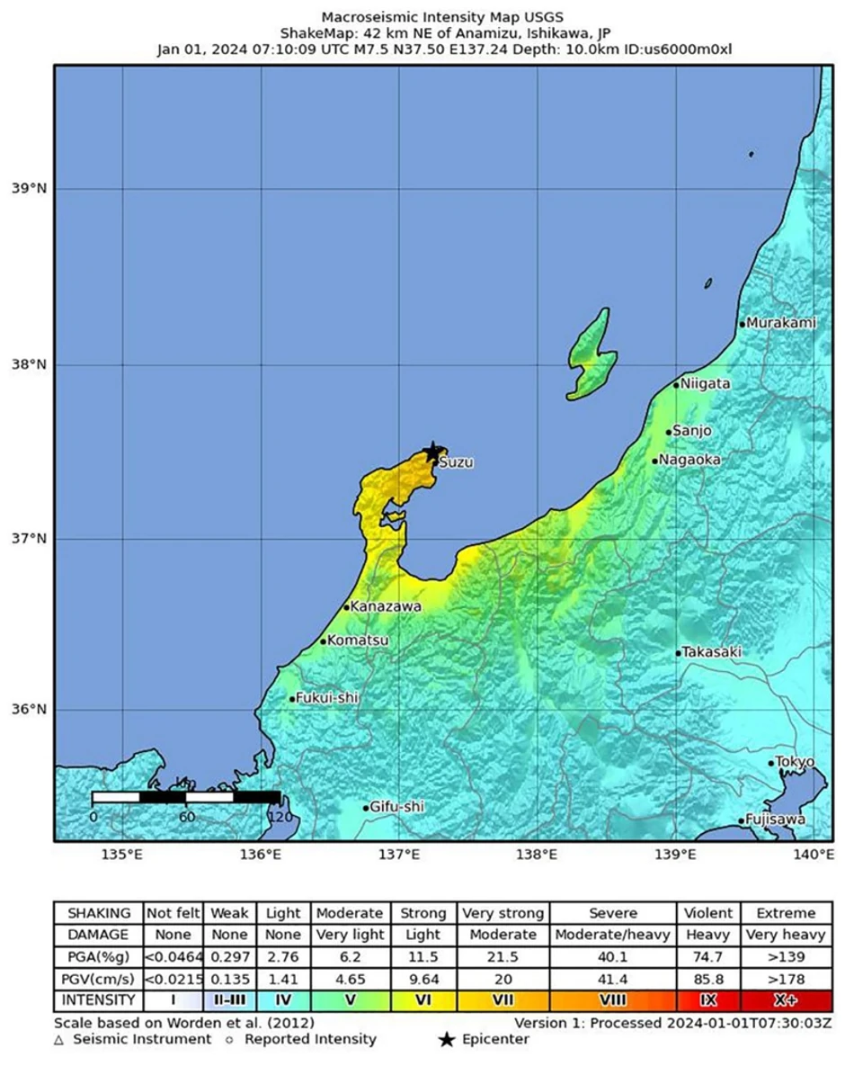 Zemljotres magnitude 7,5 Rihtera pogodio region Noto prefekture Išikava u Japanu 1. januara