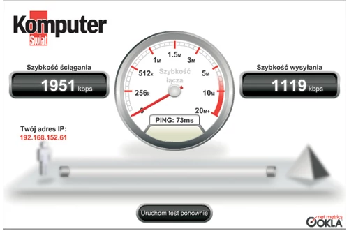 Do pomiaru prędkości transmisji usługi internetowej Cyfrowego Polsatu wykorzystano specjalny tester, który znajdziemy na stronie internetowej Komputer Świata(Aby sprawdzić swoje łącze kliknij w grafikę)