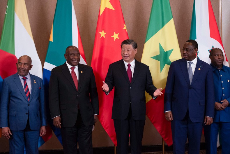 L-R:  President of Comoros Azali Assoumani (L), South African President Cyril Ramaphosa, President of China Xi Jinping, and Senegalese President Macky Sall attend the China-Africa Leaders' Roundtable Dialogue on the last day of the 2023 BRICS Summit in Johannesburg on August 24, 2023. [Photo by ALET PRETORIUS/POOL/AFP via Getty Images]