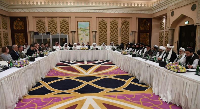 Qatar hosts a meeting between US officials led by special envoy Zalmay Khalilzad and a Taliban delegation in this file picture taken on February 26, 2019 and provided by the Qatari foreign ministry