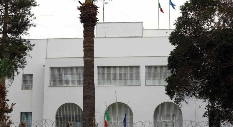 A picture taken on February 15, 2015 shows the Italian Embassy in Tripoli, Libya, near where two people were killed in a car explosion January 21, 2017