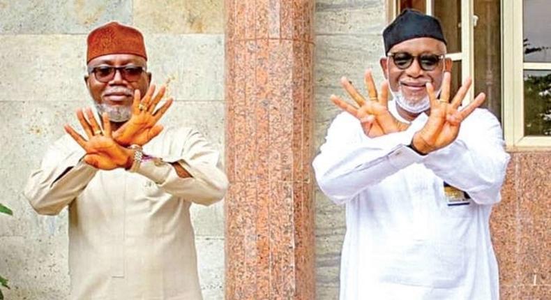 Ondo Deputy Governor, Lucky Aiyedatiwa and his ailing principal, Governor Rotimi Akeredolu during their re-election campaign. [Newspeak]