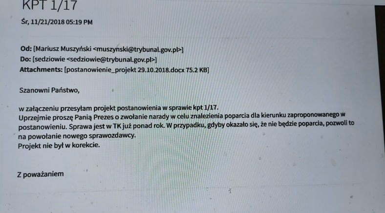 Screen e-maila, jaki otrzymali sędziowie TK