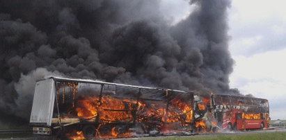 Koszmar na autostradzie A4. Spłonął Polski Bus i ciężarówka