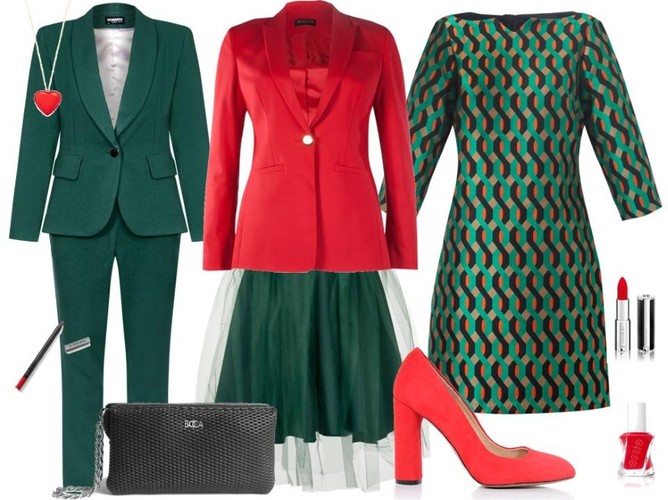 STYLIZACJE w kolorze butelkowej zieleni: Sukienka – Midori/midori.pl, zielona marynarka i spodnie – Mosquito/mosquito-sklep.pl, czerwona marynarka – Bialcon/bialcon.pl, spódnica – Mosquito/mosquito-sklep.pl, buty – Gianmarko/gianmarko.pl, torebka – Boca/boca.pl, akcesoria – TKMAXX/tkmaxx.pl