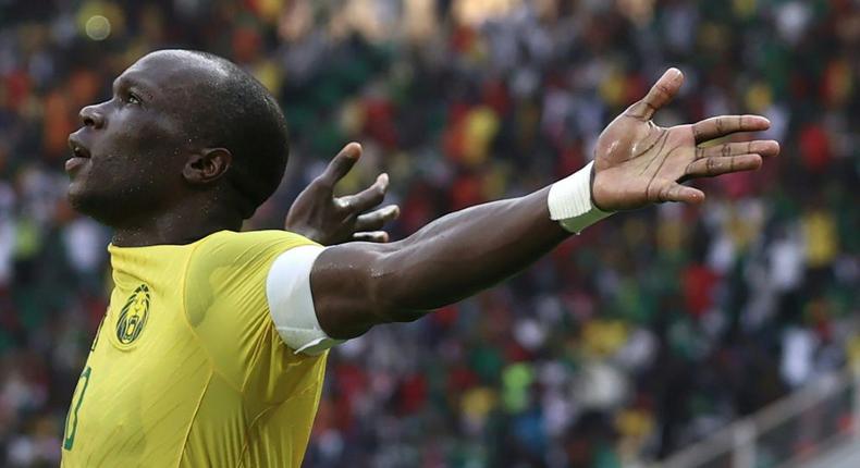 Cameroon captain forward Vincent Aboubakar celebrates scoring in an Africa Cup of Nations Group A match against Cape Verde in Yaounde on Monday Creator: KENZO TRIBOUILLARD