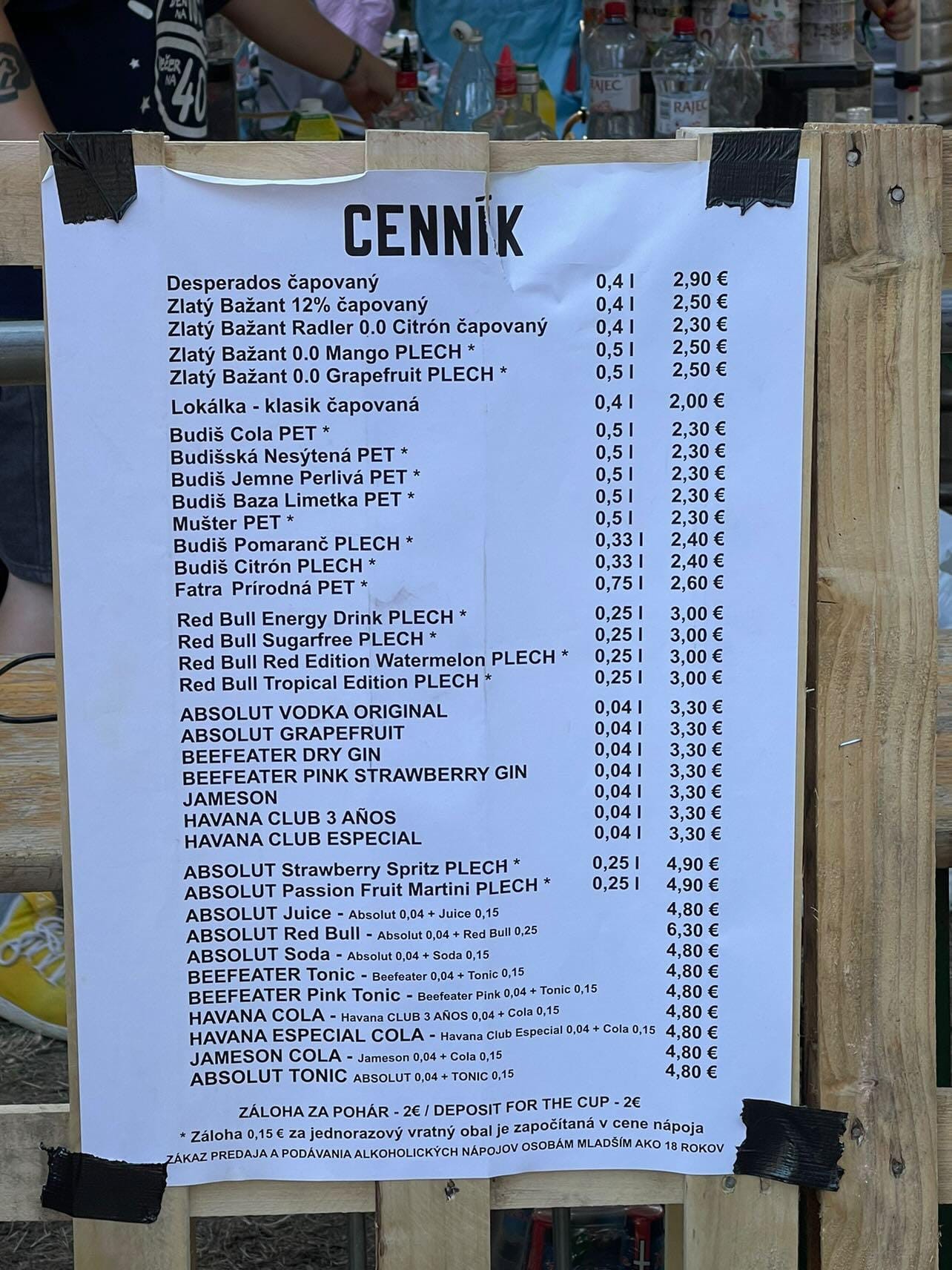 Majka poslala ukážku cien nápojov.