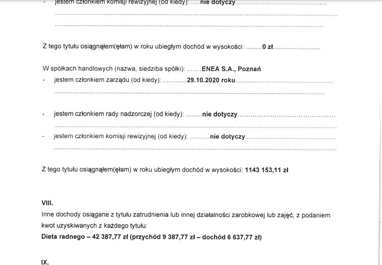 Fragment oświadczenia majątkowego Marcina Pawlickiego.